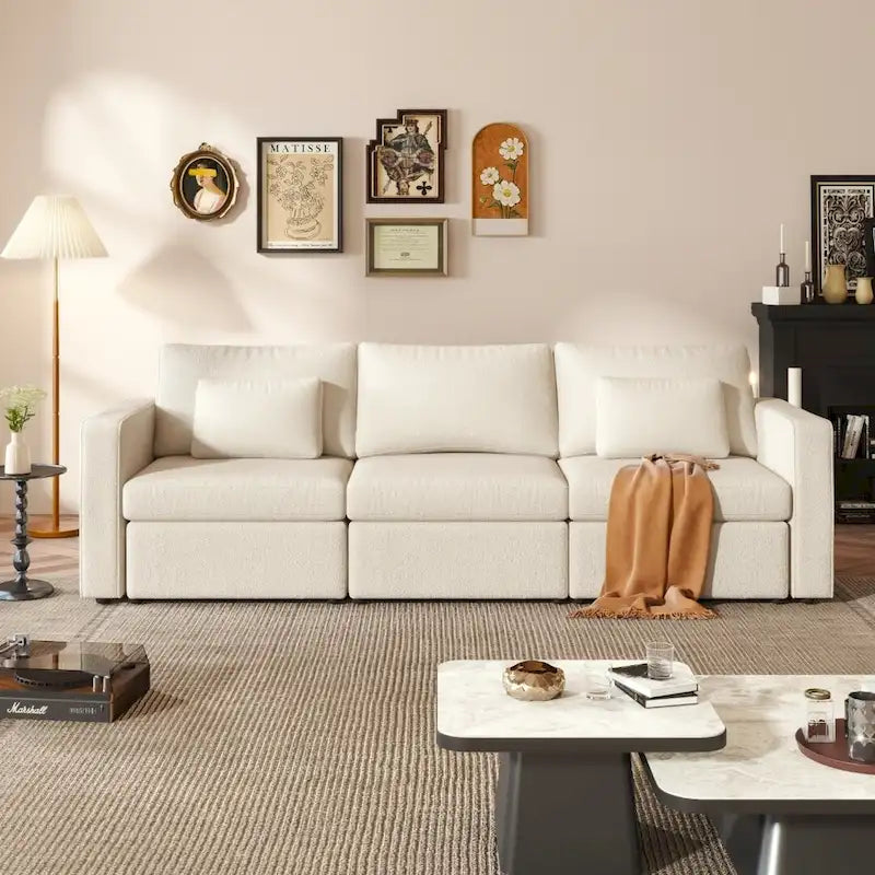 Canapé sectionnel d'angle en coton et lin beige avec pouf de rangement, 4+ places