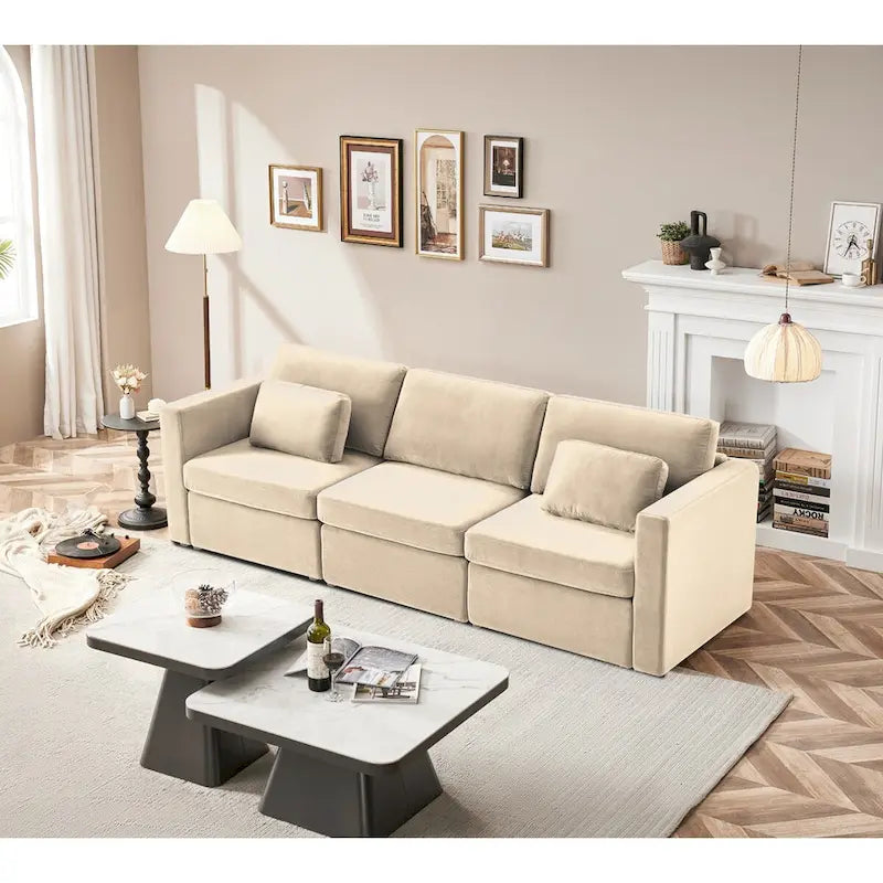 Canapé sectionnel d'angle en coton et lin beige avec pouf de rangement, 4+ places