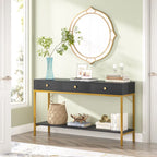 Console noire et blanche avec 3 tiroirs et étagère ouverte, pour 1 personne