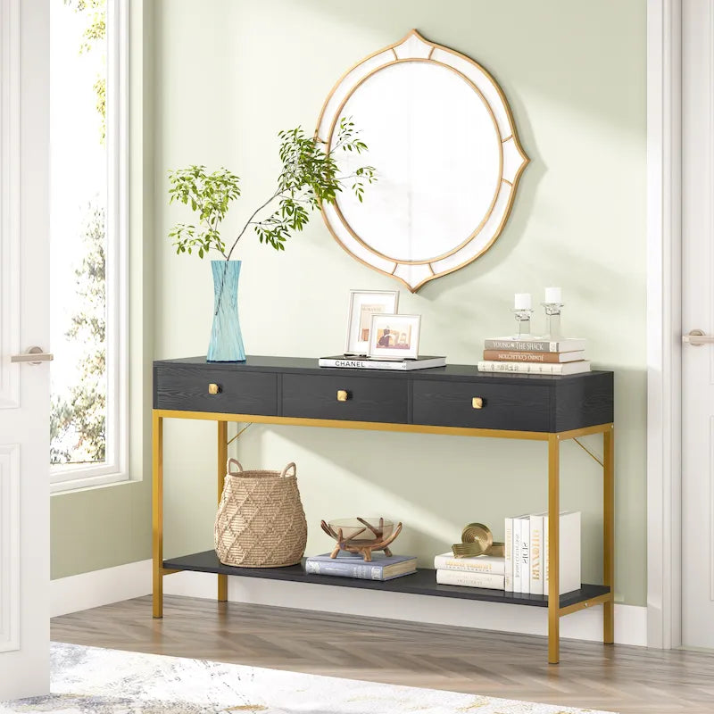 Console noire et blanche avec 3 tiroirs et étagère ouverte, pour 1 personne