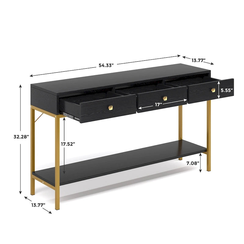 Console noire et blanche avec 3 tiroirs et étagère ouverte, pour 1 personne