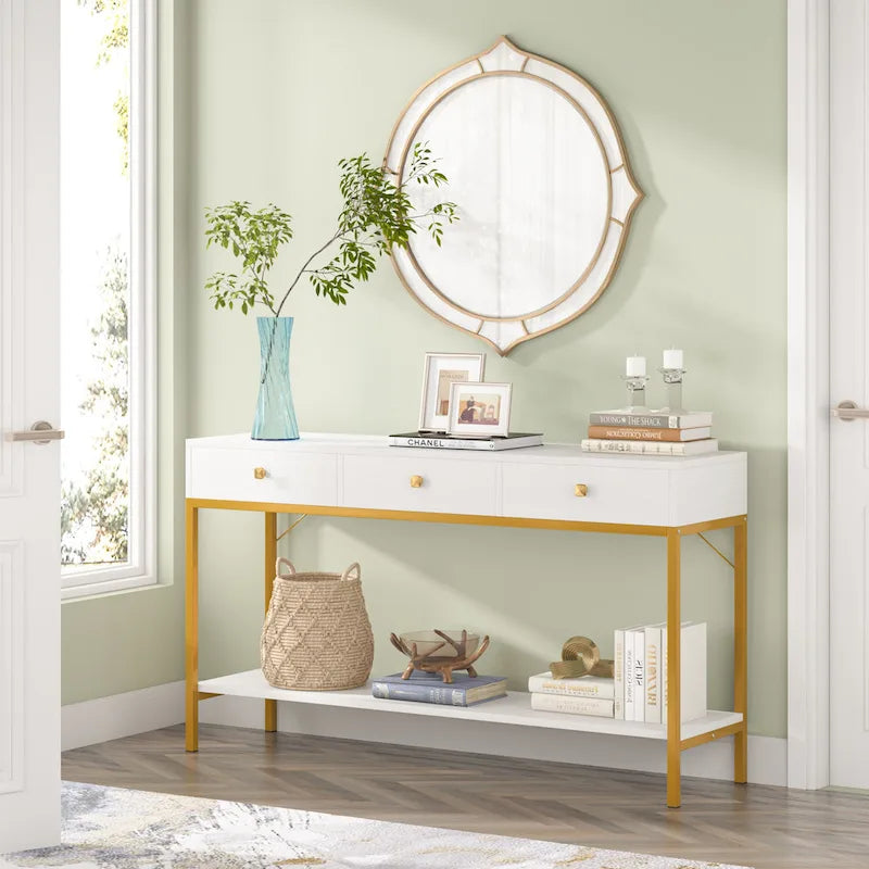 Console noire et blanche avec 3 tiroirs et étagère ouverte, pour 1 personne