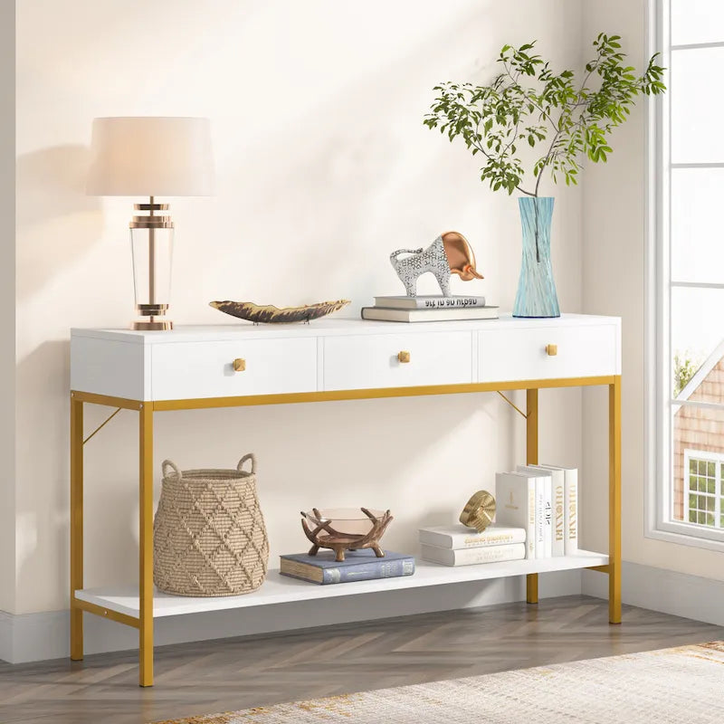 Console noire et blanche avec 3 tiroirs et étagère ouverte, pour 1 personne