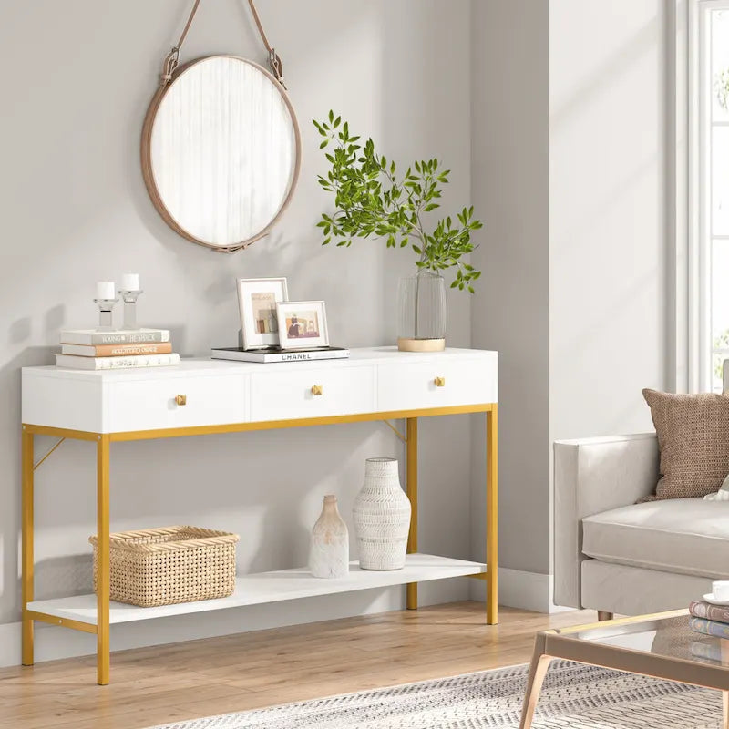 Console noire et blanche avec 3 tiroirs et étagère ouverte, pour 1 personne