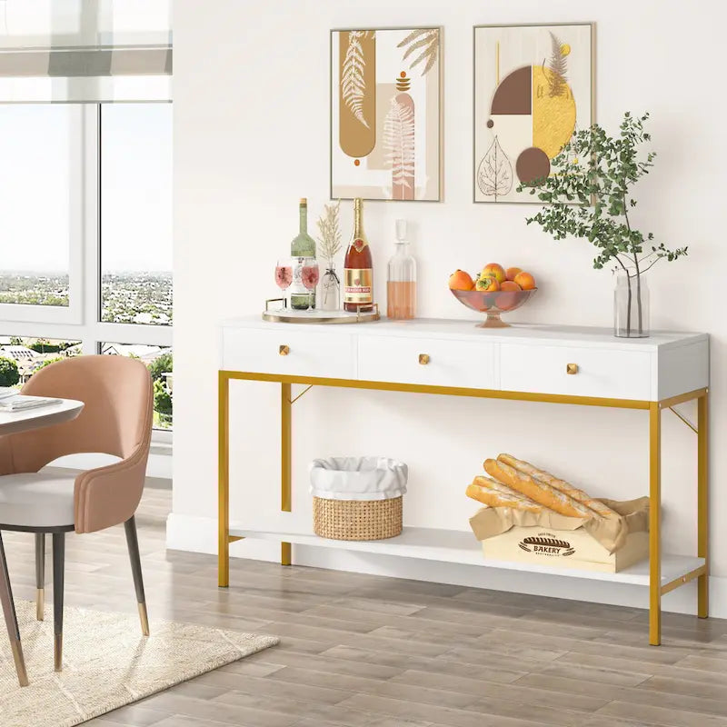 Console noire et blanche avec 3 tiroirs et étagère ouverte, pour 1 personne