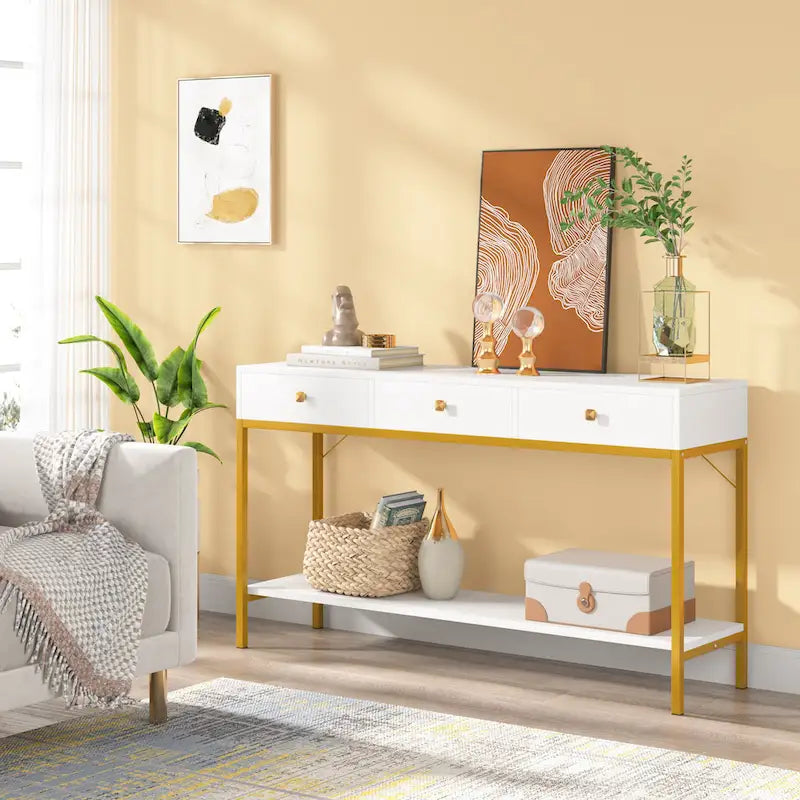 Console noire et blanche avec 3 tiroirs et étagère ouverte, pour 1 personne