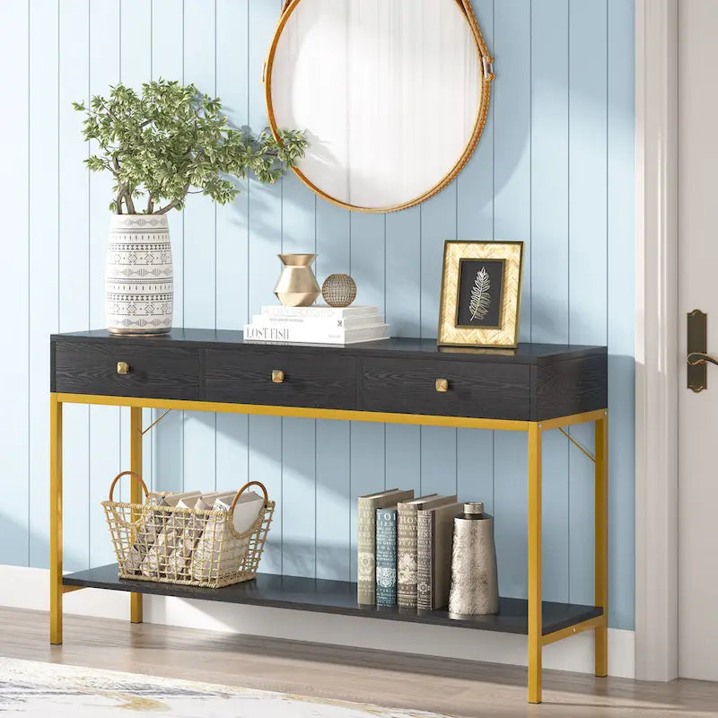 Console noire et blanche avec 3 tiroirs et étagère ouverte, pour 1 personne