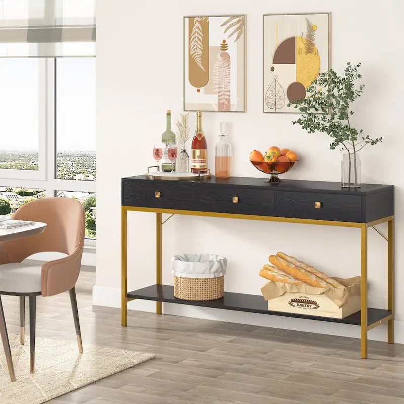 Console noire et blanche avec 3 tiroirs et étagère ouverte, pour 1 personne