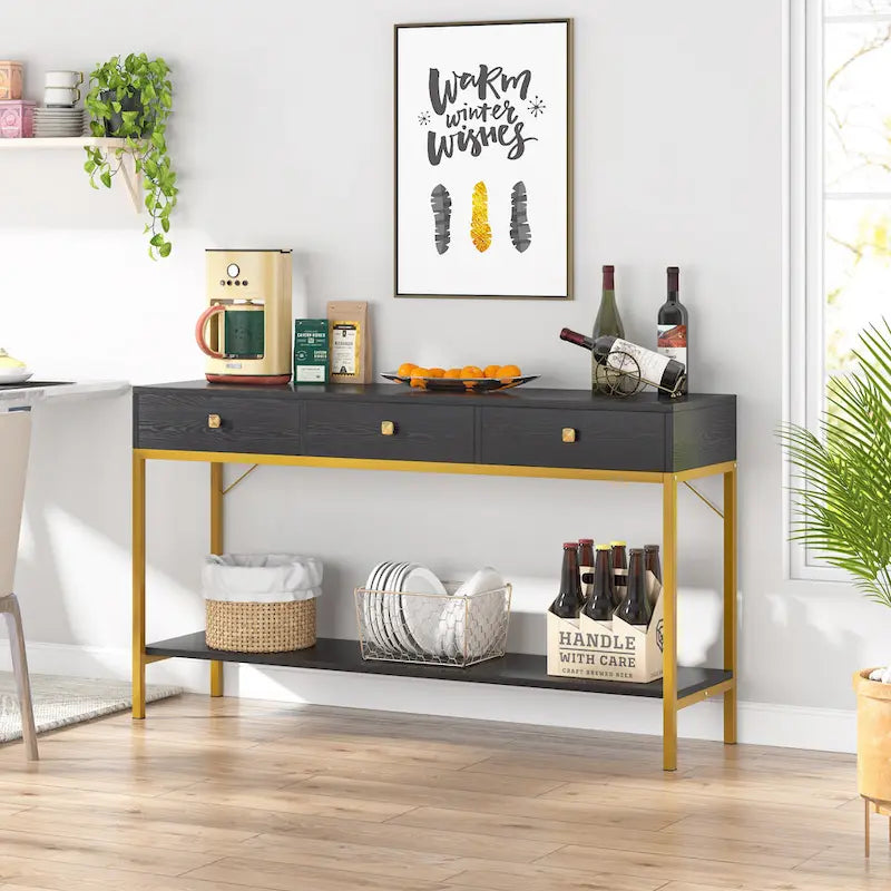 Console noire et blanche avec 3 tiroirs et étagère ouverte, pour 1 personne