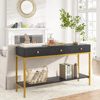 Console noire et blanche avec 3 tiroirs et étagère ouverte, pour 1 personne