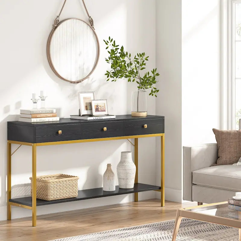 Console noire et blanche avec 3 tiroirs et étagère ouverte, pour 1 personne