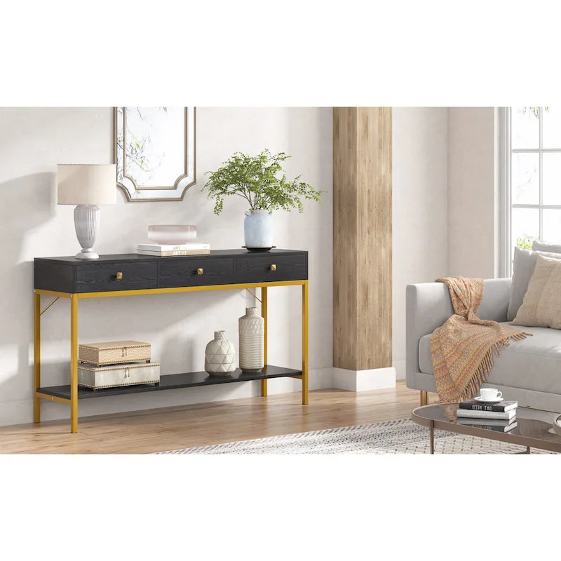 Console noire et blanche avec 3 tiroirs et étagère ouverte, pour 1 personne