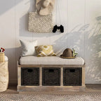 Banc de rangement rustique 1 place avec 3 paniers et coussin, blanc délavé / blanc / expresso / bleu marine antique