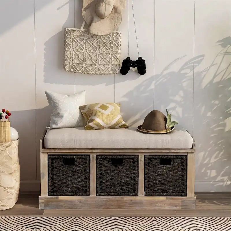 Banc de rangement rustique 1 place avec 3 paniers et coussin, blanc délavé / blanc / expresso / bleu marine antique