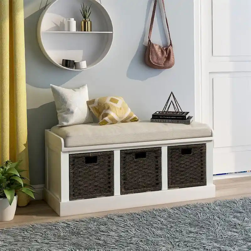 Banc de rangement rustique 1 place avec 3 paniers et coussin, blanc délavé / blanc / expresso / bleu marine antique