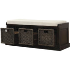 Banc de rangement rustique 1 place avec 3 paniers et coussin, blanc délavé / blanc / expresso / bleu marine antique