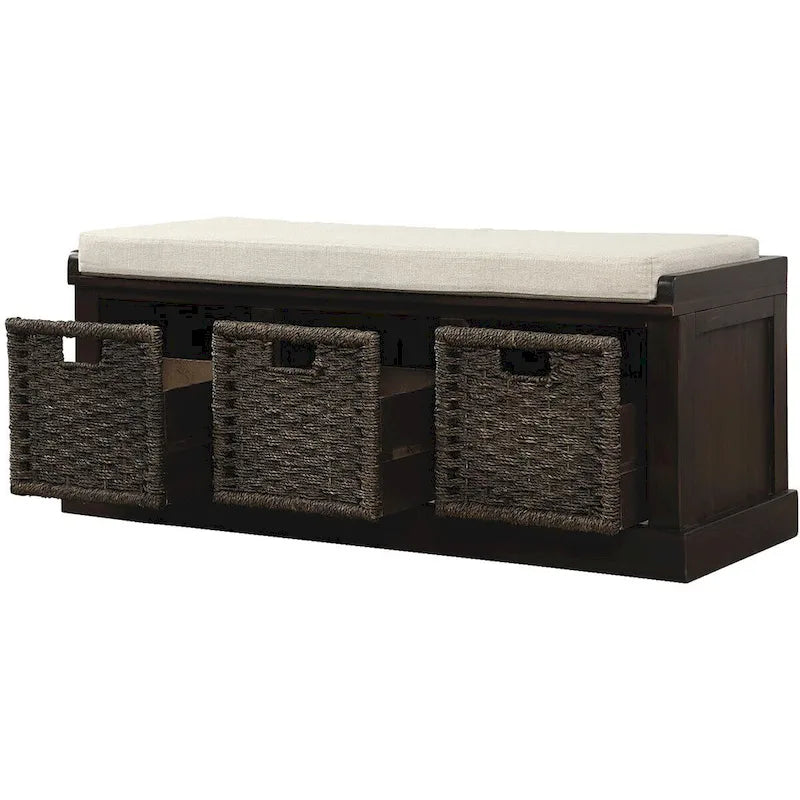 Banc de rangement rustique 1 place avec 3 paniers et coussin, blanc délavé / blanc / expresso / bleu marine antique