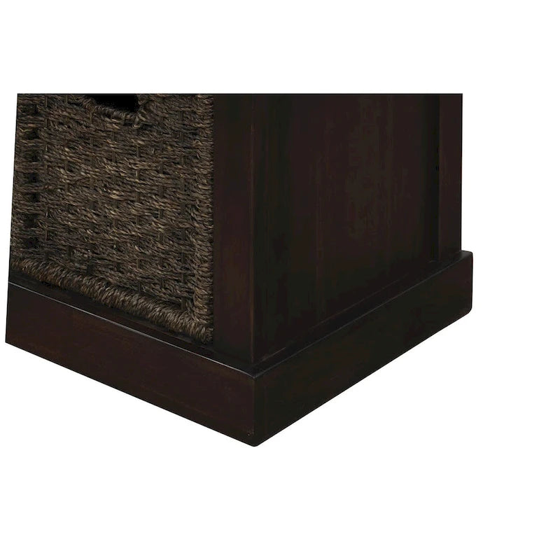 Banc de rangement rustique 1 place avec 3 paniers et coussin, blanc délavé / blanc / expresso / bleu marine antique