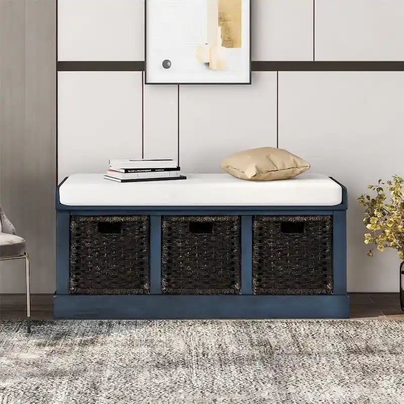 Banc de rangement rustique 1 place avec 3 paniers et coussin, blanc délavé / blanc / expresso / bleu marine antique