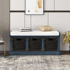 Banc de rangement rustique 1 place avec 3 paniers et coussin, blanc délavé / blanc / expresso / bleu marine antique