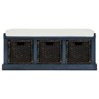 Banc de rangement rustique 1 place avec 3 paniers et coussin, blanc délavé / blanc / expresso / bleu marine antique