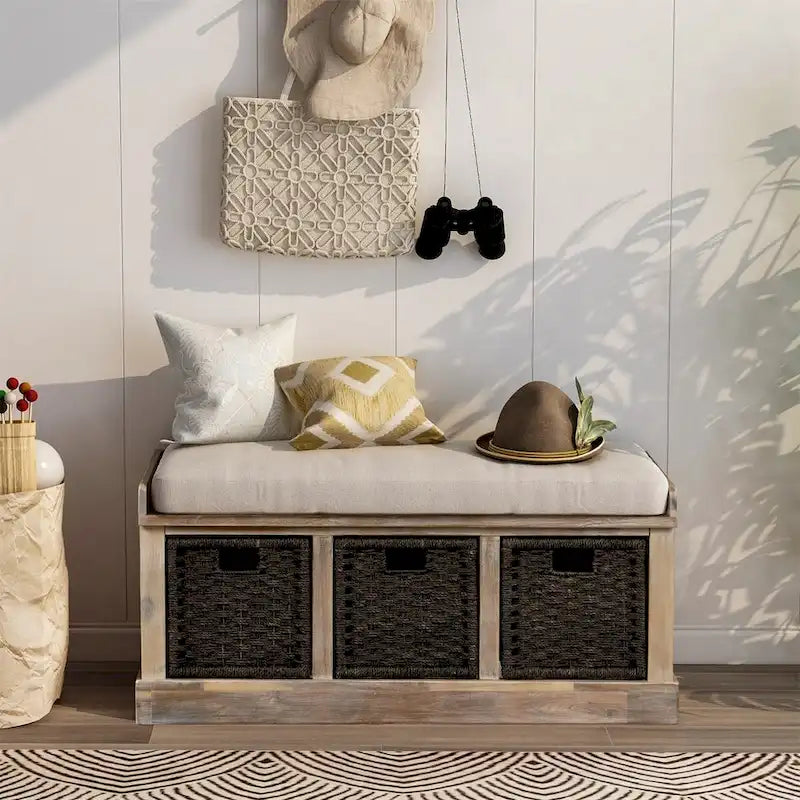 Banc de rangement rustique 1 place avec 3 paniers et coussin, blanc délavé / blanc / expresso / bleu marine antique