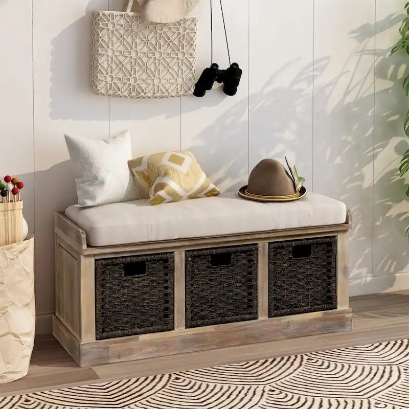 Banc de rangement rustique 1 place avec 3 paniers et coussin, blanc délavé / blanc / expresso / bleu marine antique