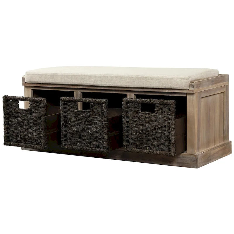 Banc de rangement rustique 1 place avec 3 paniers et coussin, blanc délavé / blanc / expresso / bleu marine antique