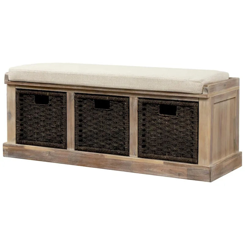 Banc de rangement rustique 1 place avec 3 paniers et coussin, blanc délavé / blanc / expresso / bleu marine antique