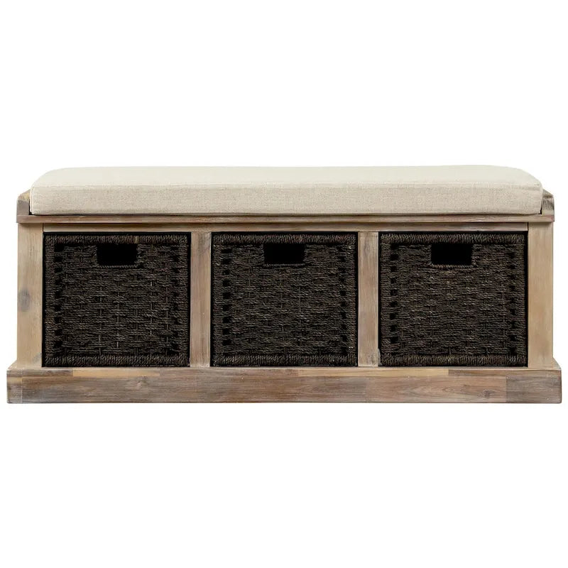 Banc de rangement rustique 1 place avec 3 paniers et coussin, blanc délavé / blanc / expresso / bleu marine antique
