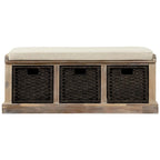 Banc de rangement rustique 1 place avec 3 paniers et coussin, blanc délavé / blanc / expresso / bleu marine antique