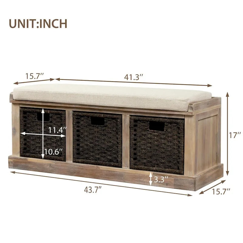 Banc de rangement rustique 1 place avec 3 paniers et coussin, blanc délavé / blanc / expresso / bleu marine antique