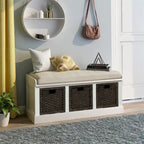 Banc de rangement rustique 1 place avec 3 paniers et coussin, blanc délavé / blanc / expresso / bleu marine antique