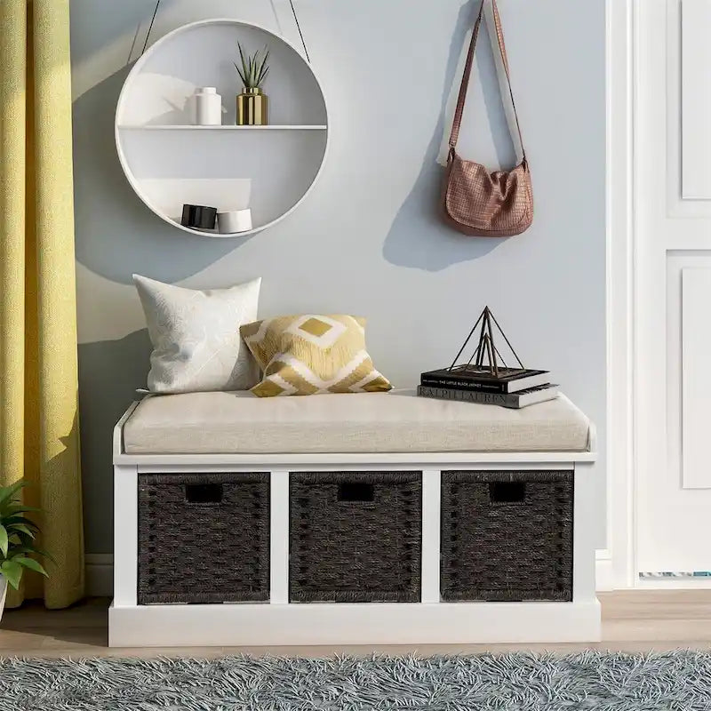Banc de rangement rustique 1 place avec 3 paniers et coussin, blanc délavé / blanc / expresso / bleu marine antique