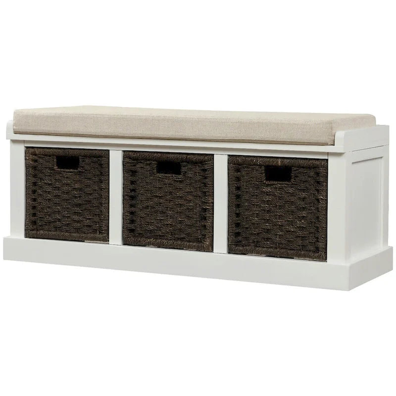 Banc de rangement rustique 1 place avec 3 paniers et coussin, blanc délavé / blanc / expresso / bleu marine antique