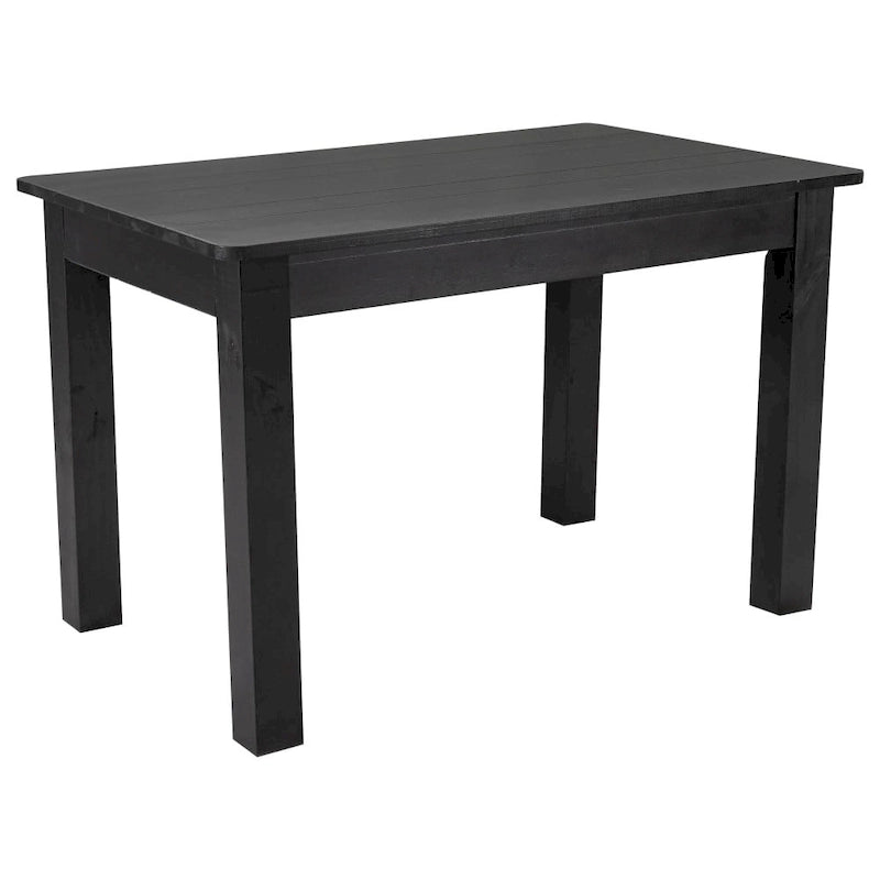 Table à manger rectangulaire en pin massif, 4 places, finition antique rustique / délavé noir / naturel clair