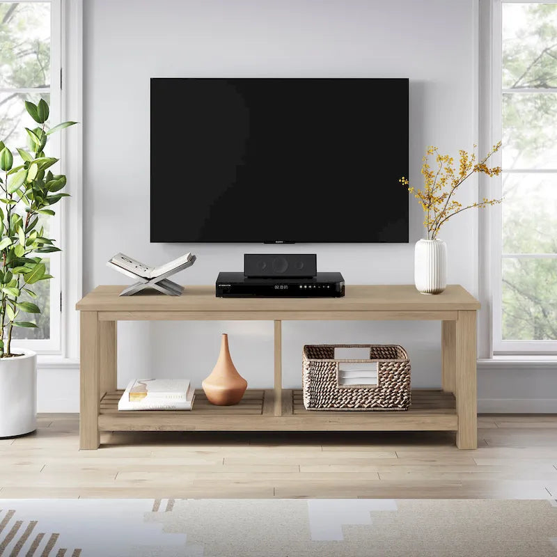 Banc TV en acacia massif, couleur marron/sable flotté/noir alto, simple