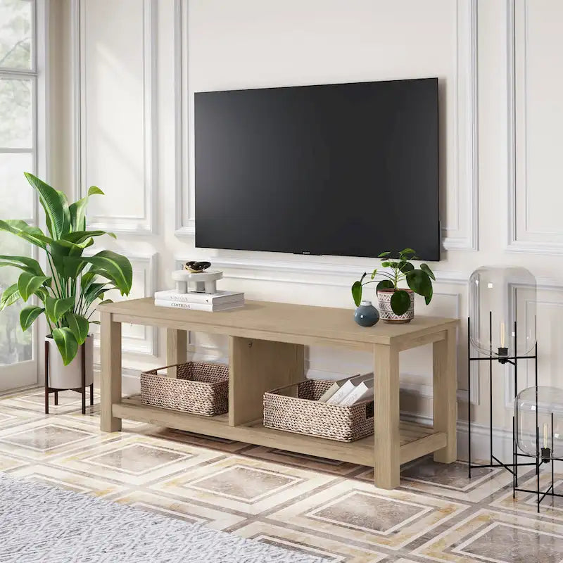 Banc TV en acacia massif, couleur marron/sable flotté/noir alto, simple