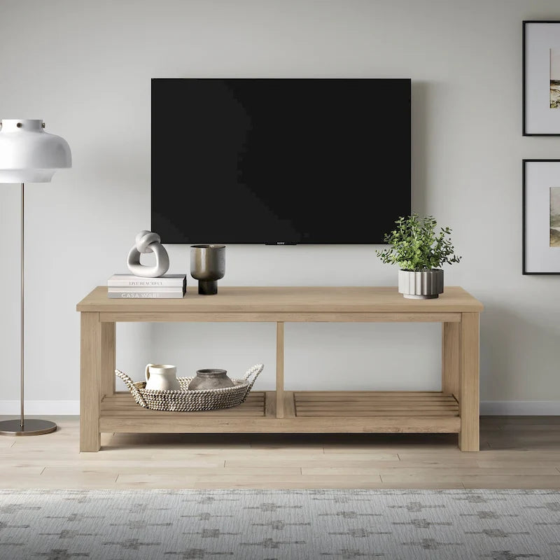 Banc TV en acacia massif, couleur marron/sable flotté/noir alto, simple