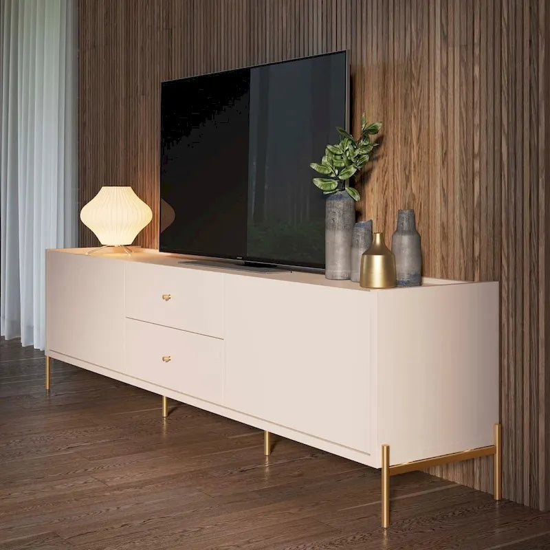 Meuble TV Off-White & Chêne, 2 Portes & 2 Tiroirs, Pieds Dorés