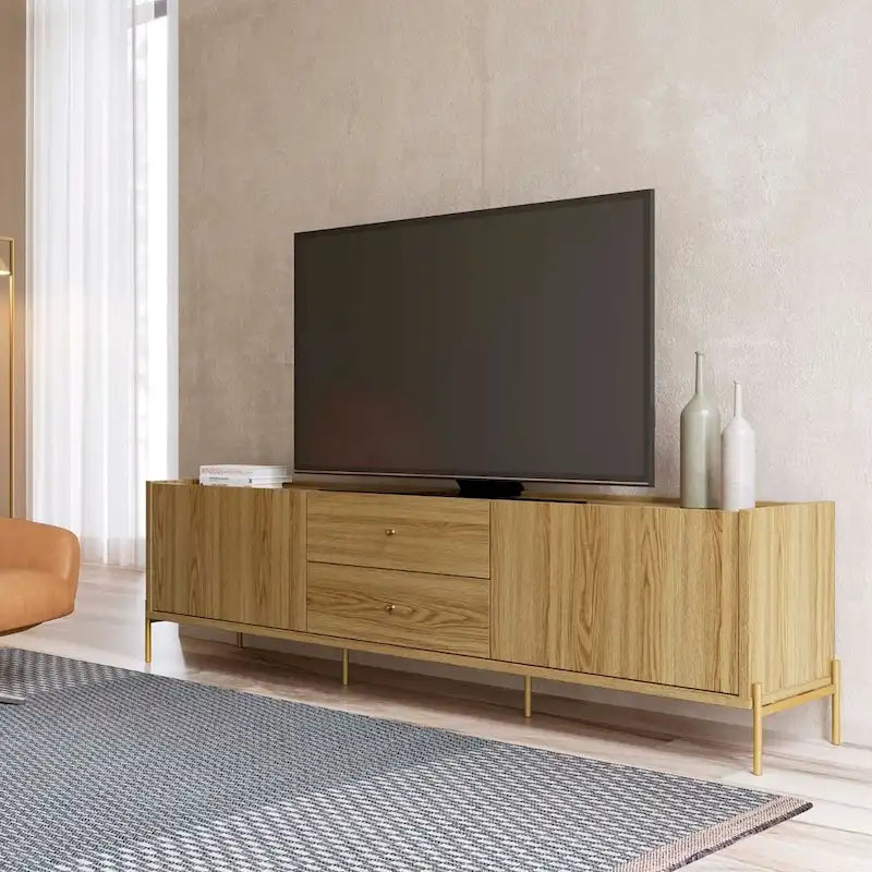 Meuble TV Off-White & Chêne, 2 Portes & 2 Tiroirs, Pieds Dorés