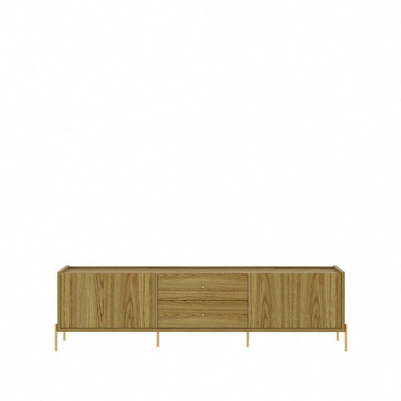 Meuble TV Off-White & Chêne, 2 Portes & 2 Tiroirs, Pieds Dorés