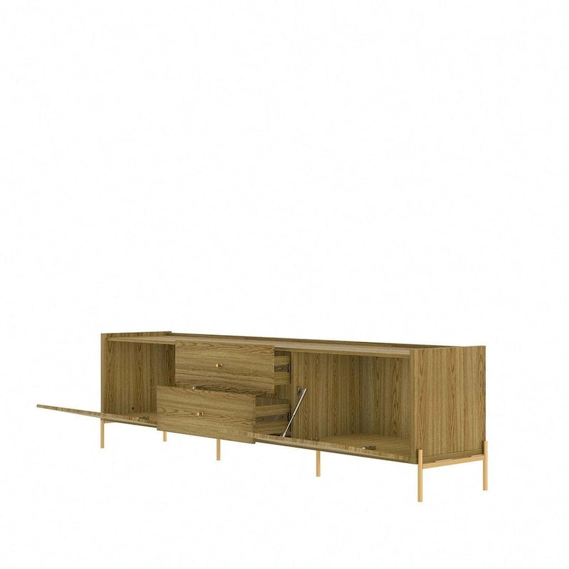 Meuble TV Off-White & Chêne, 2 Portes & 2 Tiroirs, Pieds Dorés