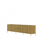 Meuble TV Off-White & Chêne, 2 Portes & 2 Tiroirs, Pieds Dorés