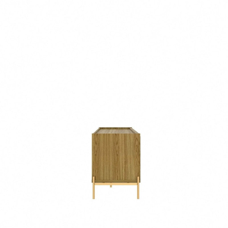 Meuble TV Off-White & Chêne, 2 Portes & 2 Tiroirs, Pieds Dorés