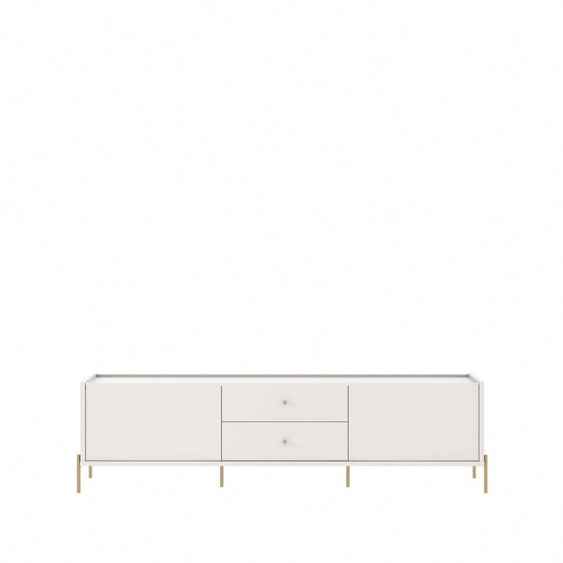 Meuble TV Off-White & Chêne, 2 Portes & 2 Tiroirs, Pieds Dorés