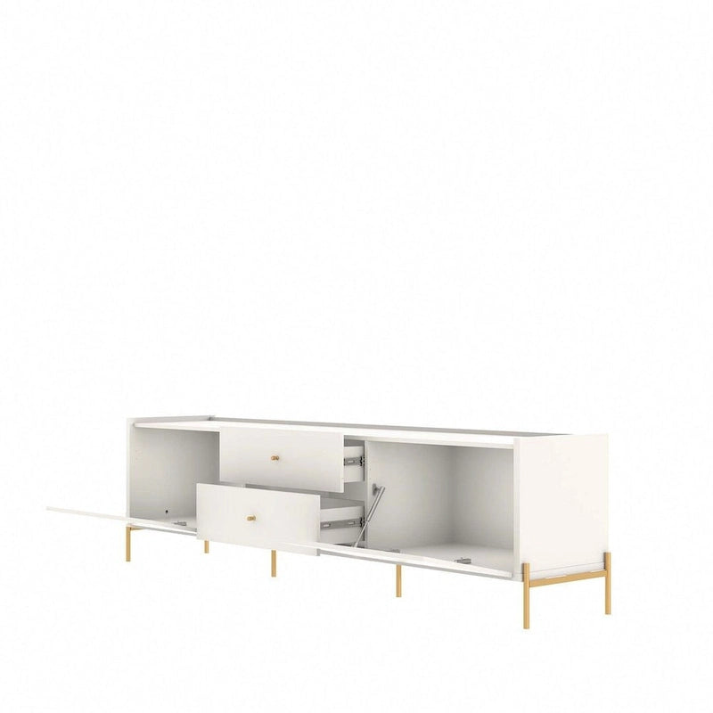 Meuble TV Off-White & Chêne, 2 Portes & 2 Tiroirs, Pieds Dorés