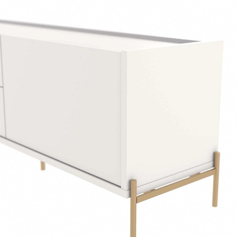 Meuble TV Off-White & Chêne, 2 Portes & 2 Tiroirs, Pieds Dorés