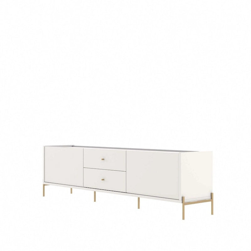 Meuble TV Off-White & Chêne, 2 Portes & 2 Tiroirs, Pieds Dorés