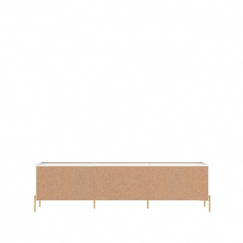 Meuble TV Off-White & Chêne, 2 Portes & 2 Tiroirs, Pieds Dorés